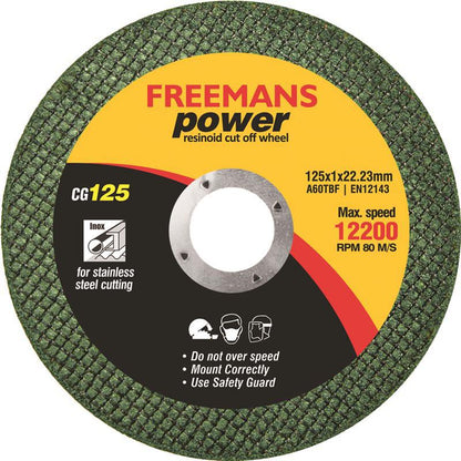 Freemans Cutting Wheel Abrasives INNER DIA. 22.23 MM, OUTER DIA 125 MM, RPM 12200, THICKNESS 1 MM