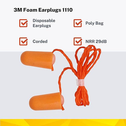 3M Earplug Safety MATERIAL FOAM, MODEL NO 1110, TYPE DISPOSABLE