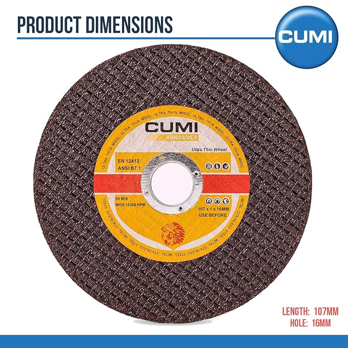 Cumi Wheel Cutting INNER DIAMETER 16 MM, MODEL NO BROR9U35602015, OUTER DIAMETER 107 MM, THICKNESS 1 MM