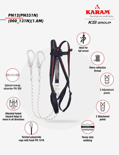 Karam Body Harness Na. FULL BODY E-CON HARNESS WITH PN351 FORKED LANYARD WITH ENERGY ABSORBER || KI01(PN351N)(S)(PP)(000_131N) (2.0M) FULL BODY HARNESS